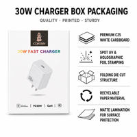 Boîte en carton blanc C2S à double extrémité pliée en gros, en stock, pour adaptateur de chargeur rapide 30W, emballage d'électronique grand public