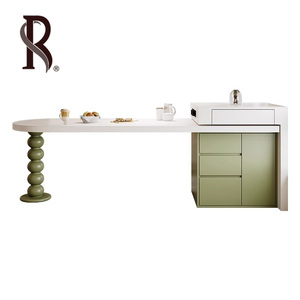 Ensemble table et banc îlot réglable de luxe Rising Light pour usage domestique avec une table îlot rond incurvé et un dessus de table en <span class=keywords><strong>quartz</strong></span> - Product Image 1
