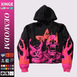 Sweat à capuche streetwear personnalisé en gros, coupe ample et courte, 400 g/m², imprimé 3D en relief tête de mort et flammes, pour homme - Product Image 1