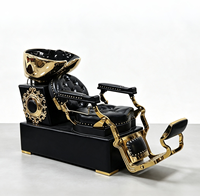 Fauteuil de lavage de barbier haut de gamme, entièrement inclinable, avec garniture à rivets et décor sculpté rétro