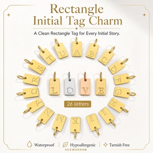 Etiqueta Rectangular con Iniciales |   Colgante de Letra del Alfabeto Grabado en Acero Inoxidable Chapado en Oro PVD de 18K |   Impermeable, Hipoalergénico - Product Image 1