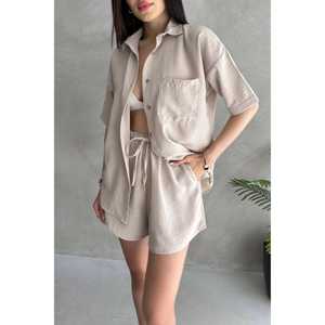 Aerobin Conjunto de camisa y pantalones cortos de lino para mujer, informal, transpirable, para primavera y verano DO - Product Image 6