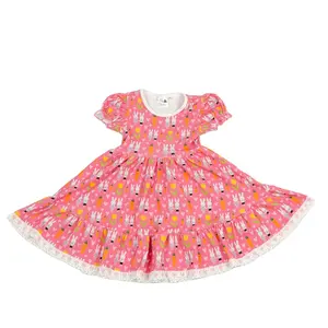 2022 spandex algodão de manga curta O-pescoço de pele de coelho Dia da páscoa primavera menina ruffles flutter hem grande girando vestido vestidos da menina