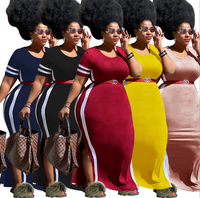 Robe longue fendue à col rond pour femme, grande taille, unie et à rayures, avec empiècements
