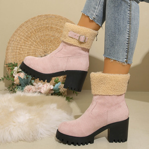 Botas <span class=keywords><strong>de</strong></span> Nieve para Mujer Talla Grande, Estilo Nuevo <span class=keywords><strong>de</strong></span> Invierno 2025, Hebilla <span class=keywords><strong>de</strong></span> Cinturón, Tacón Grueso, Botas Cortas <span class=keywords><strong>de</strong></span> Gamuza Cálidas - Product Image 1