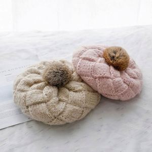 Fashion Winter Custom Keep <b>Warm</b> Rabbit Fur Pom Cap Crochet Wool Painter Beret <b>Hats</b> for Women - Product Image 1