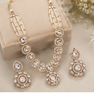 925 <b>Silver</b> Necklace and Earrings Set for Women White Pearls Kundan Work Traditional Indian Bridal Jewelry Pendant Set - Product Image 2
