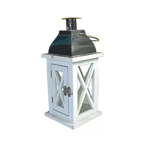 European style wind proof white wooden lantern stainless steel cap courtyard portable wooden hurricane lantern decoration