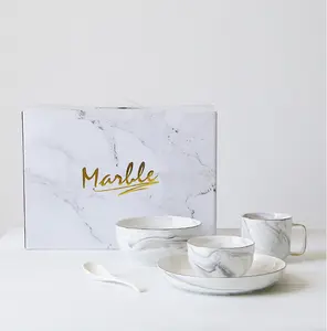 Conjunto de jantar de porcelana, atacado personalizado, logotipo europeu, mármore royal, conjunto de placa de ouro, jantar de porcelana com aro de ouro