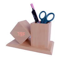 Amazan – support de stylo de bureau, table porte-stylo en bois de bambou, réveil numérique à led avec affichage de la date et de la température, offre spéciale