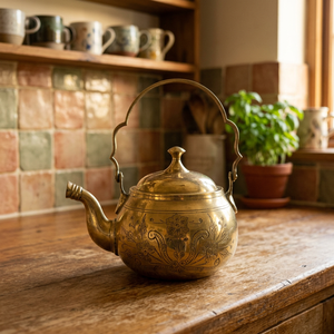 Bouilloire à thé vintage en laiton avec couvercle, poignée en métal, motif floral gravé, pot à eau, bouilloires - Product Image 5