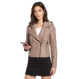 Chic Women Dusty Pink <b>Real</b> <b>Leather</b> Hooded Biker <b>Jacket</b> Modern Asymmetric Zip Pocket Casual Slim Fit <b>Ladies</b> Winter Apparel <b>Jacket</b> - Product Image 1