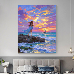 Kit Pittura con Numeri per Adulti: Ragazza al Tramonto sul Mare, Dipinto su Tela con Pennelli, Paesaggio Marino Romantico, Decorazione Murale per Casa - Product Image 2