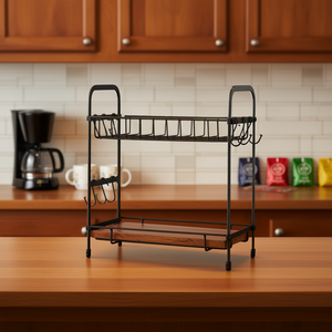 Organizador de café y té de 2 niveles para encimera con ganchos, soporte para tazas, estante de almacenamiento de metal para uso en la cocina. - Product Image 2