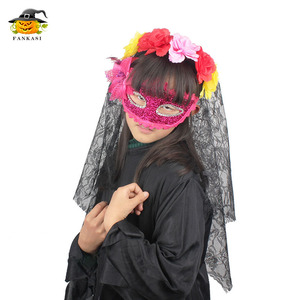 Serre-tête fantôme de mariée d'Halloween Fankasi avec voile en filet et fleurs colorées, accessoire de costume pour fête masquée - Product Image 4