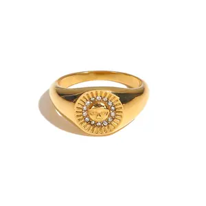 时尚金戒指不锈钢18k镀金高品质奢华法国复古钻石太阳笑脸饰品