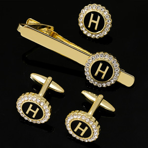Boutons de manchette et pinces à cravate créatifs sertis de diamants ronds pour hommes, motif 26 lettres anglaises, idéaux pour les costumes <span class=keywords><strong>d</strong></span>'affaires - Product Image 1