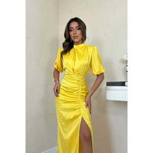 Robe fourreau en satin jaune à col montant, froncée, avec fente latérale, taille naturelle, couleur bonbon, robe de mariée - Product Image 3