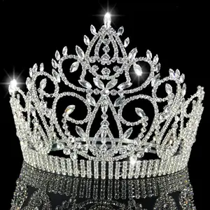 Mahkota Kontes Kecantikan Besar Mahkota Mempelai Wanita Eropa dan Amerika Mahkota Kontes Kecantikan Rantai Cakar Berlian Imitasi Daun High-End