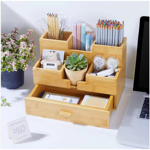 Bamboo Office Organizer Rectangle 1L <b>Storage</b> <b>Box</b> For Study Desk Tidy Stationery Holder With <b>Drawer</b> - Product Image 1
