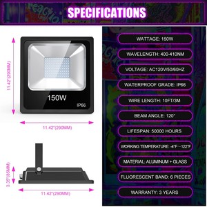 Luz LED UV Púrpura de 150W al por Mayor, Proyector de Luz Negra para Escenarios y Fiestas, Cuerpo de Aluminio, IP66, Fuente de Alimentación CA - Product Image 4