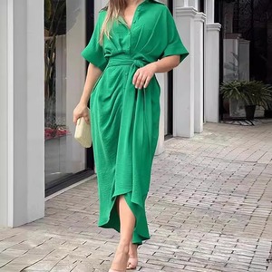 Robe longue pour femme en gros, Robe élégante pour femme, Nouvelle robe chemise décontractée à manches courtes et taille haute pour femme - Product Image 2