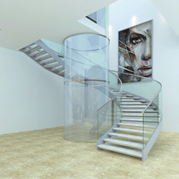 Escalier à poutres métalliques courbées avec rampe en verre, escalier intérieur durable pour intérieurs de luxe
