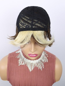 Parrucca economica con capelli umani a Bob corti con <span class=keywords><strong>frangetta</strong></span> <span class=keywords><strong>bionda</strong></span> Highlight naturale capelli ondulati parrucca senza lacci vera colla a taglio Pixie - Product Image 5