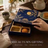 Scatola Regalo Rigida Blu Navy con Logo Personalizzato, Stampa in Lamina d'Oro e Vassoio a 4 Scomparti per Confezionamento Mooncake