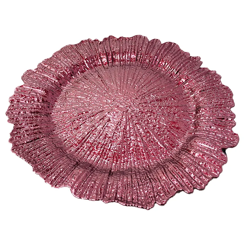 Assiettes en forme de corail de récif de couleur bordeaux de 13 pouces pour le dîner de fête de mariage sous une assiette Décorations assiettes de chargeur en plastique