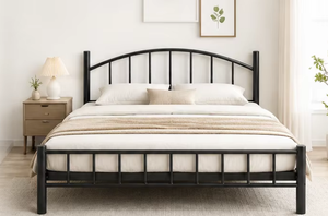 Black Metal <b>Bed</b> <b>Frame</b> Steel <b>Platform</b> Bedstead Slatted Base Arched Headboard Bedroom Hotel Use - Product Image 3
