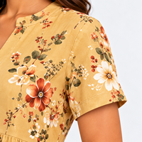 Robe midi florale moutarde pour femme, manches courtes, boutonnée sur le devant, coupe trapèze, avec poches, décontractée, pour l'été – Fournisseur de vêtements en gros OEM ODM