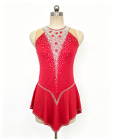 Robe de patinage artistique rouge à col licou, dos évidé, jupe ornée de strass, pour filles et adultes, compétition et performance