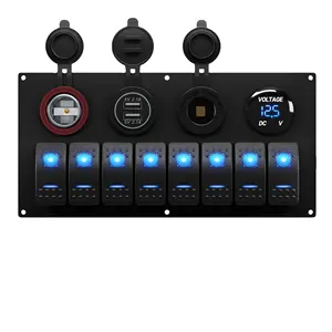 12 Volt Rocker Toggle Switch Panel impermeável 8 Gang LED azul iluminado 12 V Barco Switch Panel para Marine Automotive Car Truck RV