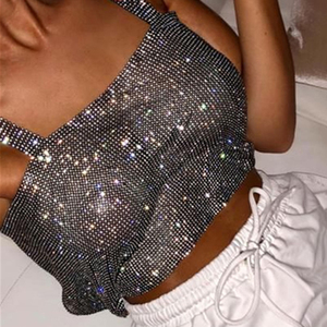 Sexy Gold <strong>Silver</strong> Bling Bling <strong>Sparkly</strong> Metal Rhinestones Crop <strong>Top</strong> Women Ladies Fashion Camis Backless Halter Party Crop <strong>Tops</strong> - Product Image 4