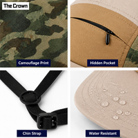 Casquette de camping 5 panneaux personnalisée, imperméable, respirante, légère, avec sangle sous le menton, unisexe, pour l'extérieur, vente en gros