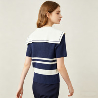 Nouveau pull court en maille pour femme, col marin, nœud, manches courtes, rayures contrastées bleu marine et blanc cassé, tricot côtelé