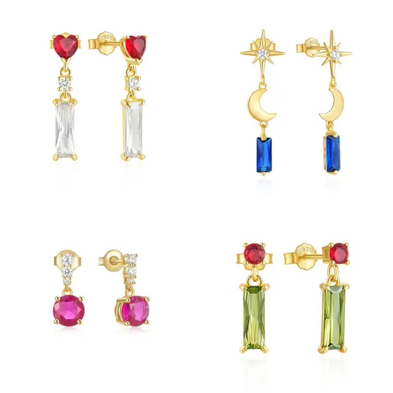 Carline Elegant 925 Sterling Silver Earrings for Women Drop Earrings with 5A Pink Zircon Star Heart Moon Shape Earrings Jewelry