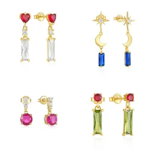 Carline Elegant 925 Sterling Silver Earrings for Women Drop Earrings with 5A Pink Zircon Star Heart Moon Shape Earrings Jewelry