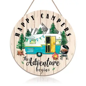 Custom Wood Sign Happy Campers Wood Hanging Sign Plaque 12'' Summer Outdoor Adventure Quote Wooden Door Hanger