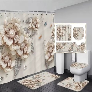 Tenda da Doccia di Lusso con Motivo a Bouquet di Perle, Elegante Stile Fantasia 3D con Diamanti, Set Tappetino e Tenda in Poliestere per Arredo Bagno - Product Image 1