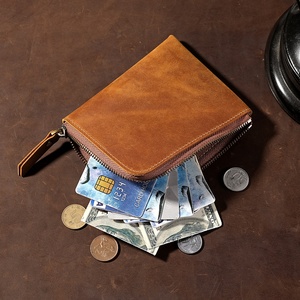 Porte-monnaie miniature en cuir véritable vintage avec fermeture éclair, logo personnalisé, cuir Crazy Horse pour homme et femme, porte-cartes de crédit - Product Image 3