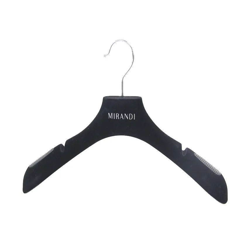 Black flocking surface plastic hanger factory price brand coat velvet clothes hanger