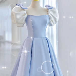 कस्टम लक्जरी सुरुचिपूर्ण सेक्सी नाव गर्दन पीछे धनुष लंबे प्रोम प्यूफ़ आस्तीन दुल्हन शाम के गाउन कपड़े - Product Image 3