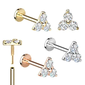 Natural Diamond 14K Gold Flowers Threaded Flat Back Stud Conch Tragus Piercing Jewelry