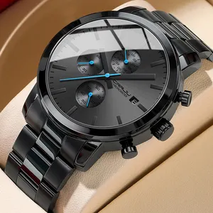 Crrju fabrication originale luxe solide en acier inoxydable bracelet chronographe poignet mâle montre à quartz relogio masculino