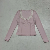 Blusa de Punto de Manga Larga Ajustada para Mujer al por Mayor, Antiarrugas, con Ribete de Encaje Rosa, Cuello en V, Estilo Dulce