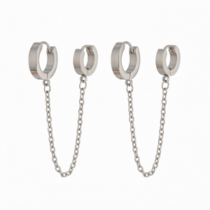 Pendientes Colgantes Minimalistas de Doble Aro de Acero Inoxidable, Tono Plateado, Joyería Geométrica Tipo Huggie para Mujer, para Fiestas, CALIDAD - Product Image 1
