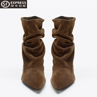 Bottines en daim pour femmes, style décontracté, bout pointu, talon chaton, froncées, à enfiler, bottes tendance, chaussures d'automne et d'hiver, marron, noir