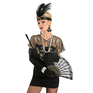 Costume de Charleston des années 20, ensemble de 9 pièces pour femme, tenue de fête vintage Gatsby avec bandeau à plumes, bijoux en perles, gants, éventail et bas. - Product Image 3